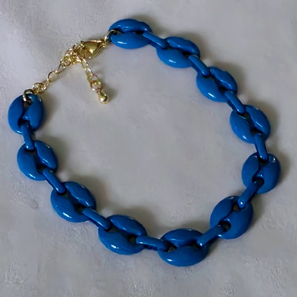 Blue Enamel Puffed Mariner Link Statement Bracelet Gold Tone Adjustable Chain